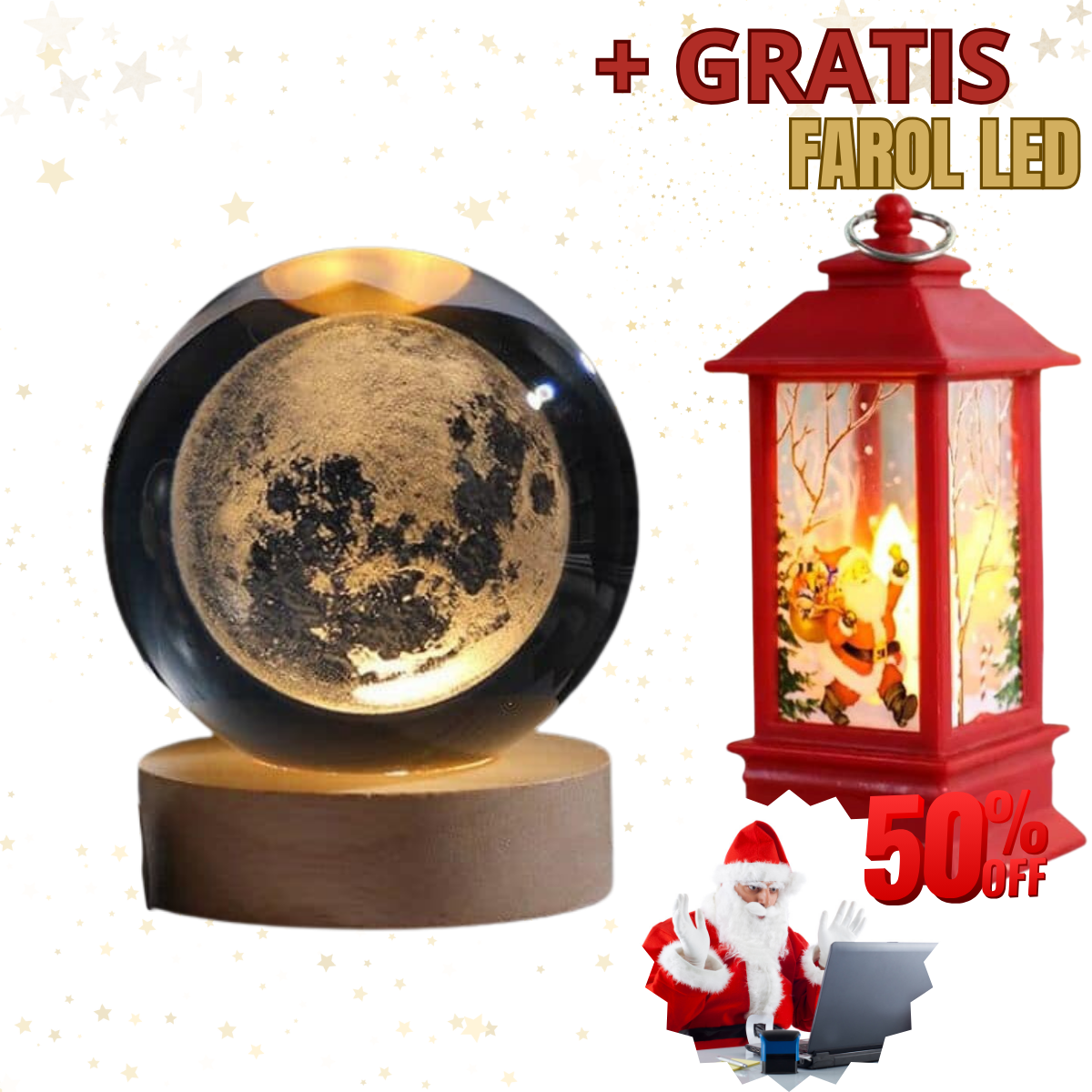 Moonlight® - 3D Crystal Sphere Lamp - Moon and Saturn + FREE LED LANTERN 