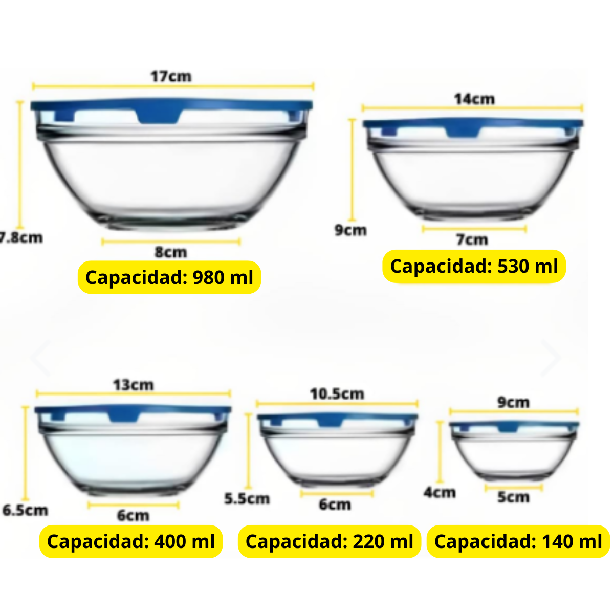 Set 5 Taper Bowl Vidrio Para Alimentos